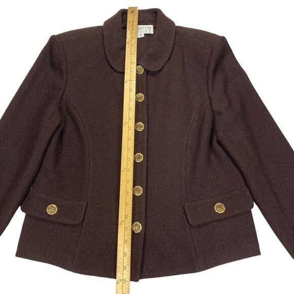 St. John 2 Pc Skirt Jacket Set Women 12 Brown Gold Button Luxury Elegant Dressy - Picture 11 of 15